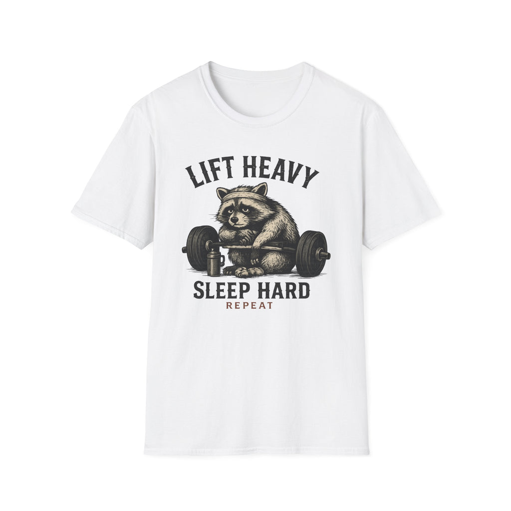 Lift Heavy, Sleep Hard, Repeat — Funny Raccoon Gym T-Shirt