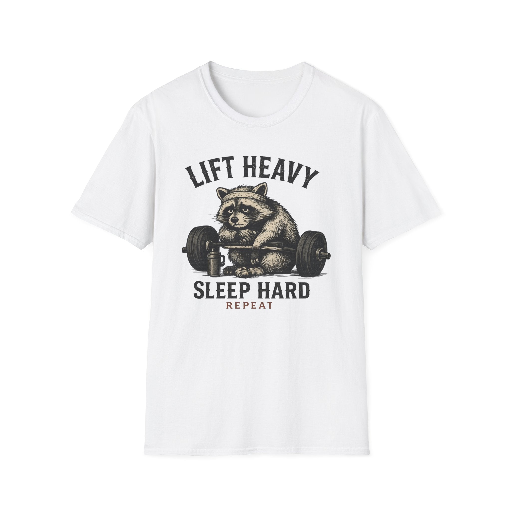 Lift Heavy, Sleep Hard, Repeat — Funny Raccoon Gym T-Shirt